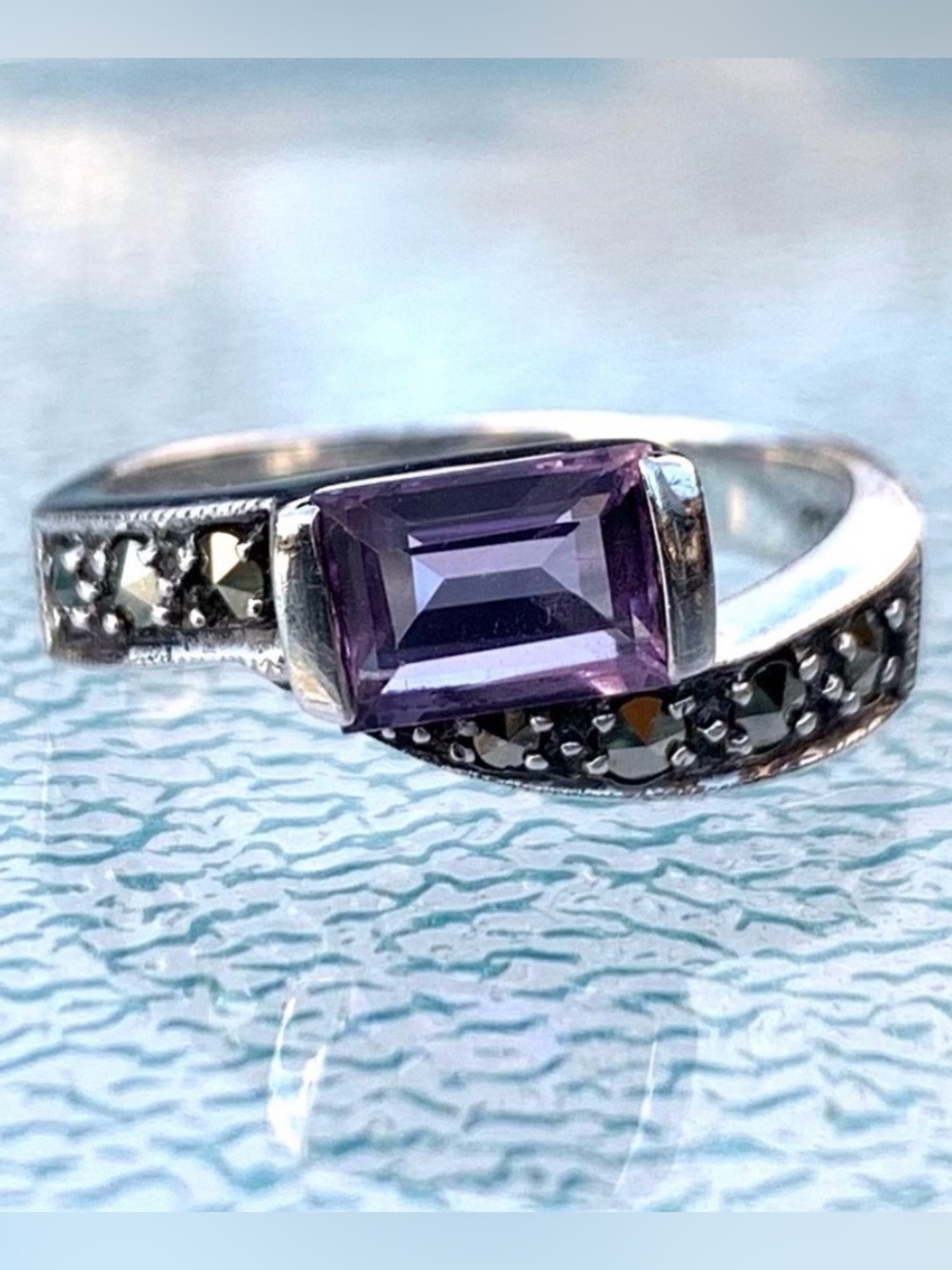 Vintage Amethyst & Marcasite Sterling Silver February Birthstone Ring Size 6-3/4